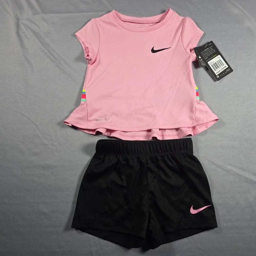 Nike Dri-Fit Little Girl's  2-Piece Graphic Tee & Short Set Pink Black 2T